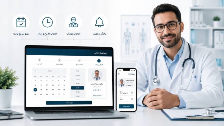 نمونه سایت نوبت دهی آنلاین پزشک با نمایش رزرو نوبت در لپ تاپ و موبایل